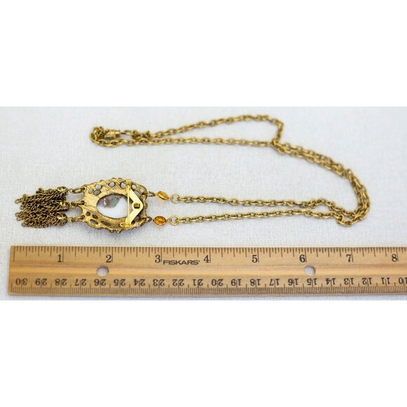 26 inch, Vintage Renaissance Oval Cameo Gold Tone Tassel Necklace - i1 - Picture 3 of 3